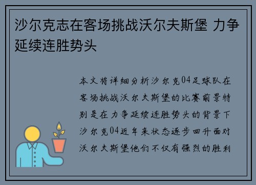 沙尔克志在客场挑战沃尔夫斯堡 力争延续连胜势头