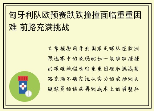 匈牙利队欧预赛跌跌撞撞面临重重困难 前路充满挑战