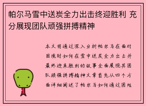 帕尔马雪中送炭全力出击终迎胜利 充分展现团队顽强拼搏精神