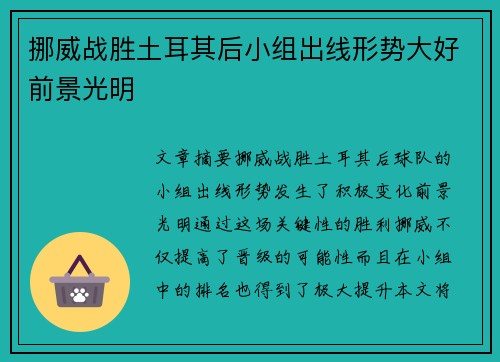 挪威战胜土耳其后小组出线形势大好前景光明