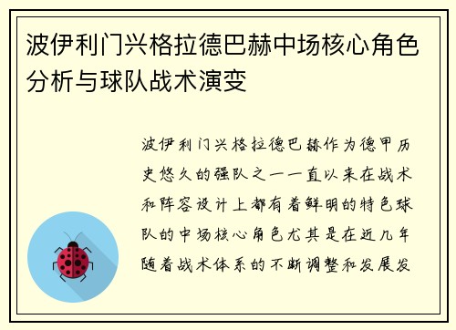 波伊利门兴格拉德巴赫中场核心角色分析与球队战术演变