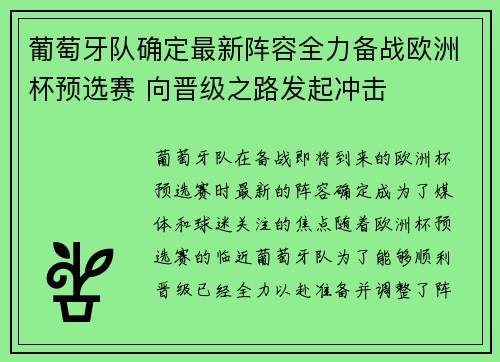 葡萄牙队确定最新阵容全力备战欧洲杯预选赛 向晋级之路发起冲击