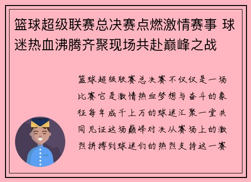 篮球超级联赛总决赛点燃激情赛事 球迷热血沸腾齐聚现场共赴巅峰之战