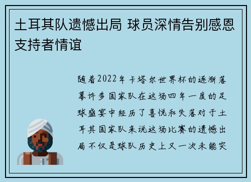 土耳其队遗憾出局 球员深情告别感恩支持者情谊